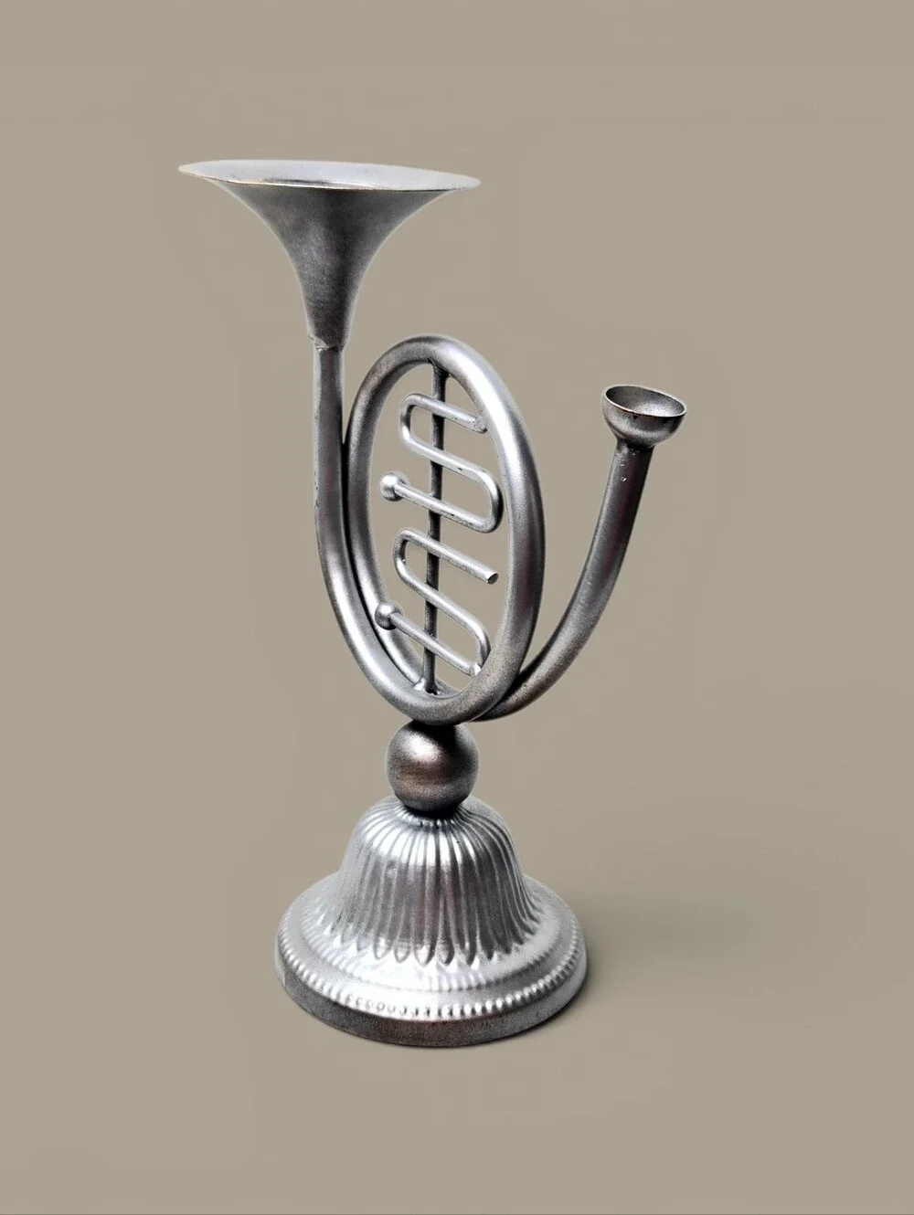 French Horn Candle Holder, Silver.